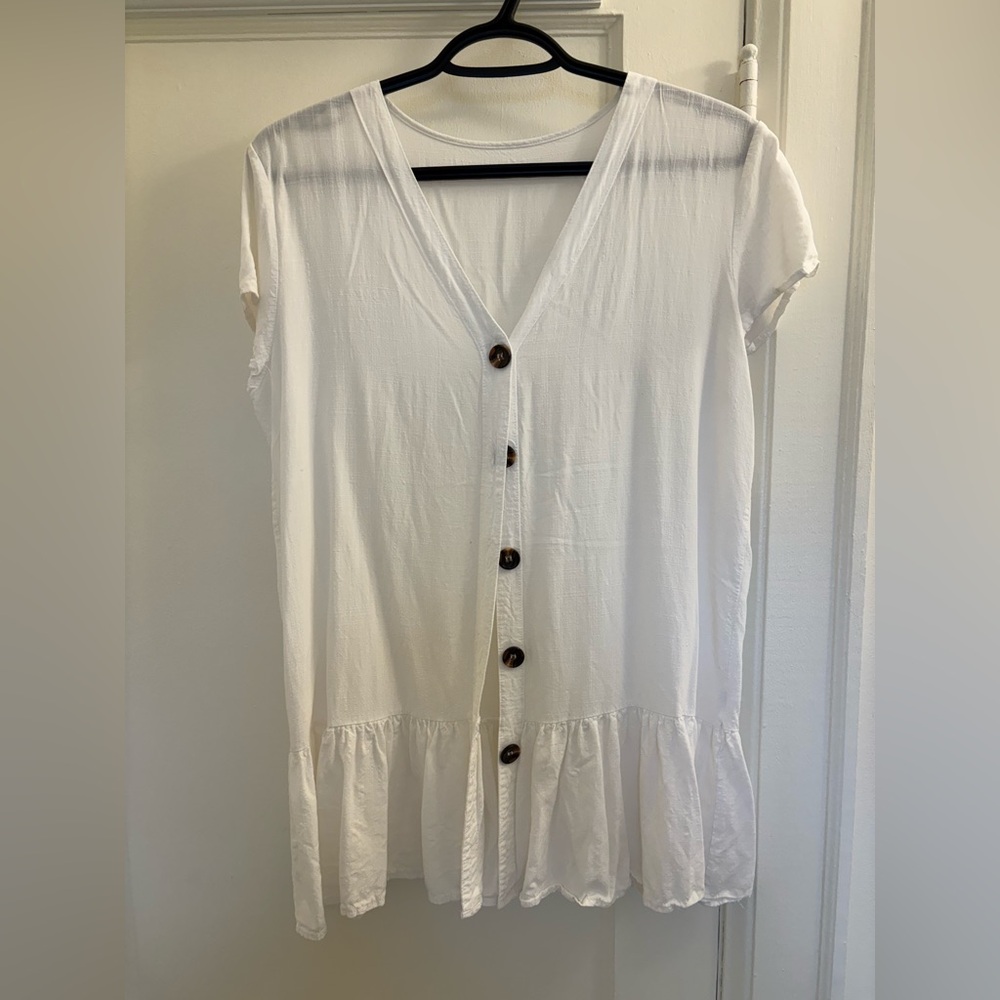White Ruffled Button-Down Swim Coverup